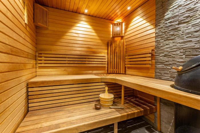 Sauna Interior Details Wooden Bucket